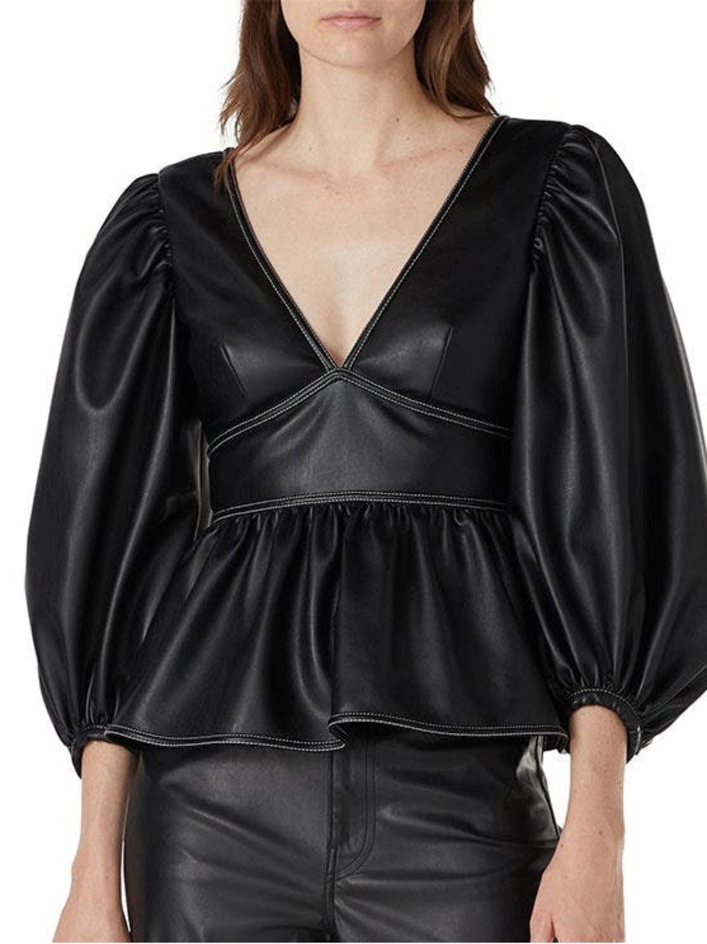 STAUD Black Faux Leather Peplum Top with Puff Sleeves